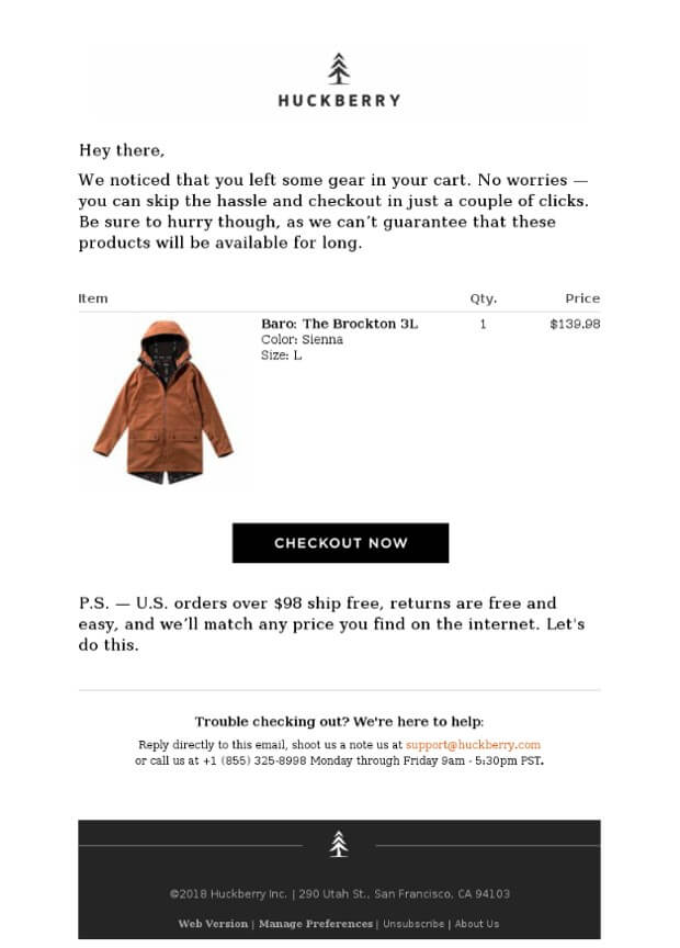Huckberry Abandoned Cart Email Template